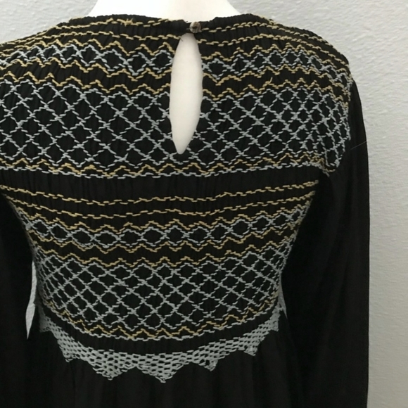 🆕 Free People Long Sleeve Black Dress. Smocked & Embroidery Detailed. NWT - Picture 10 of 15